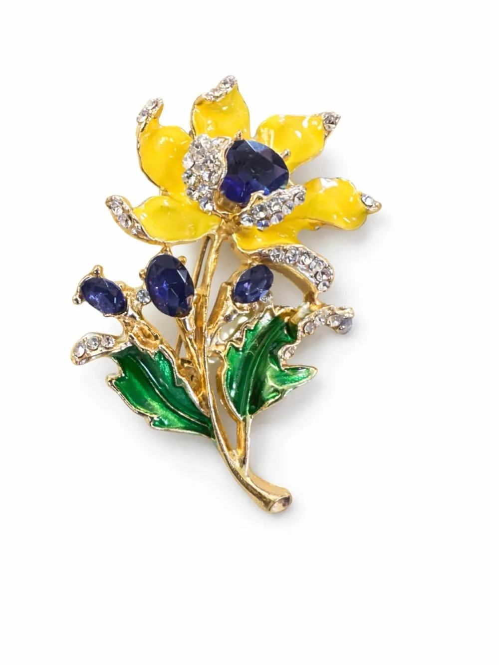 Vintage Style Yellow Enamel Flower Brooch Pin Blue Glass Rhinestone Gold Tone